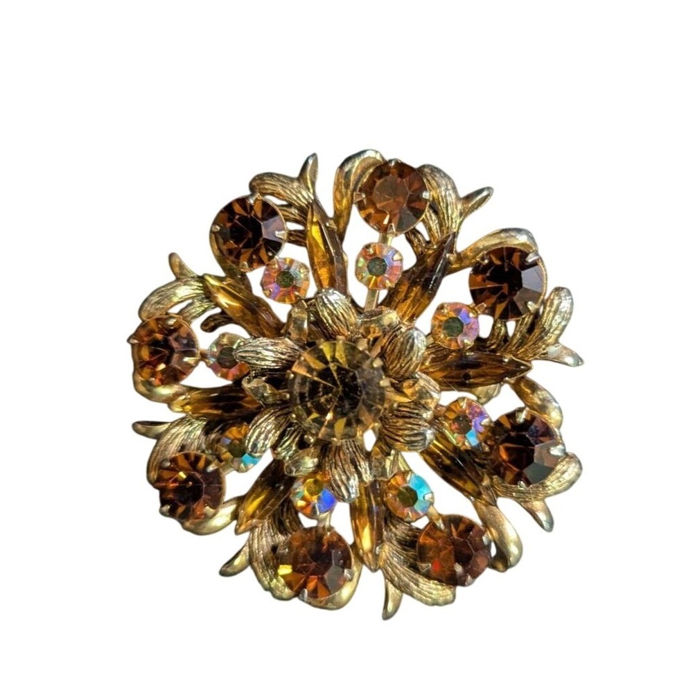 Vintage Gold Tone Amber Aurora Borealis Rhinestone Floral Sunburst Brooch Pin